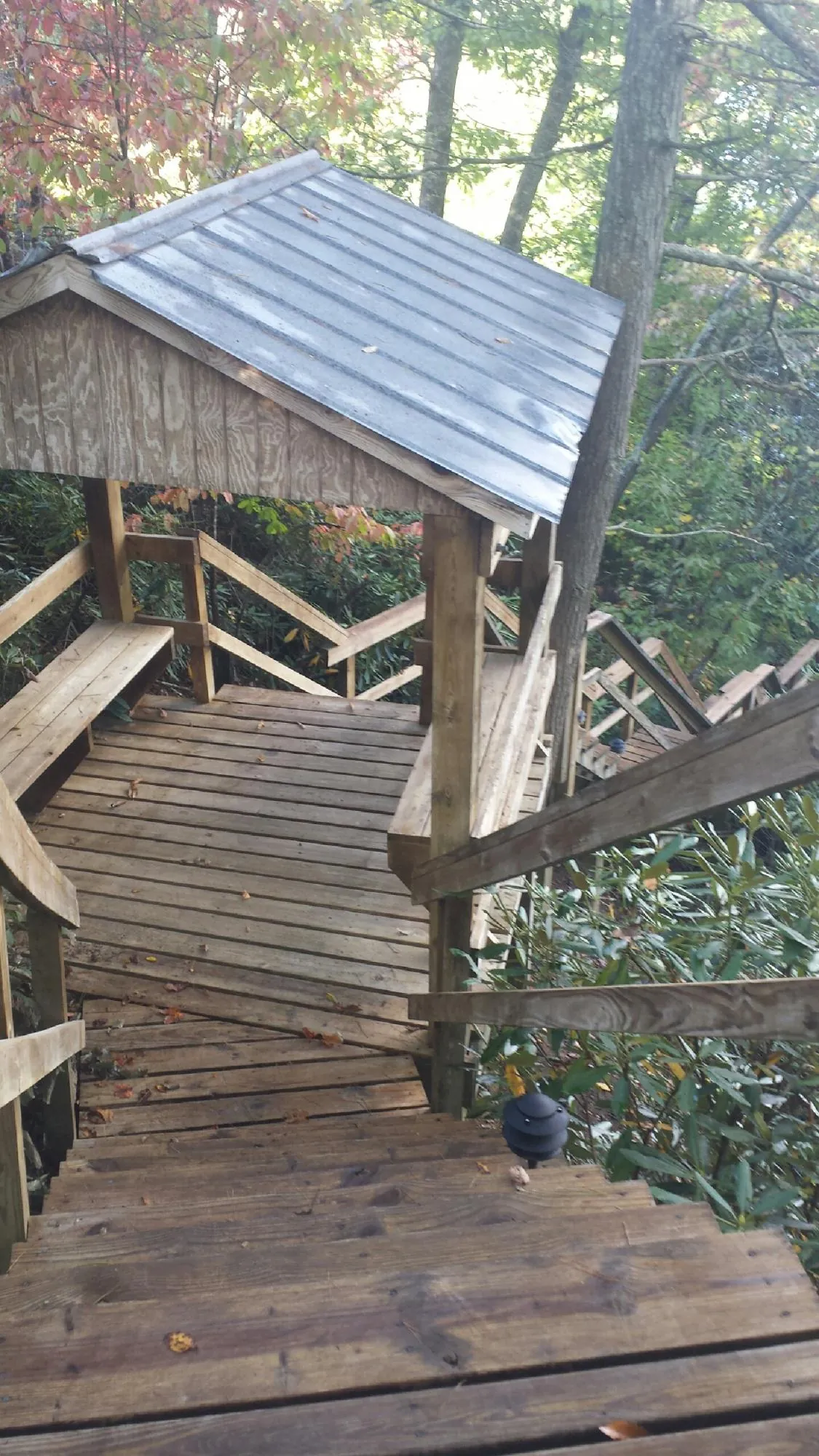 Metal roofed shelter over wooden steps on a wooded walkway — Skylight Repair & Installation work by our crew in Fort Defiance
